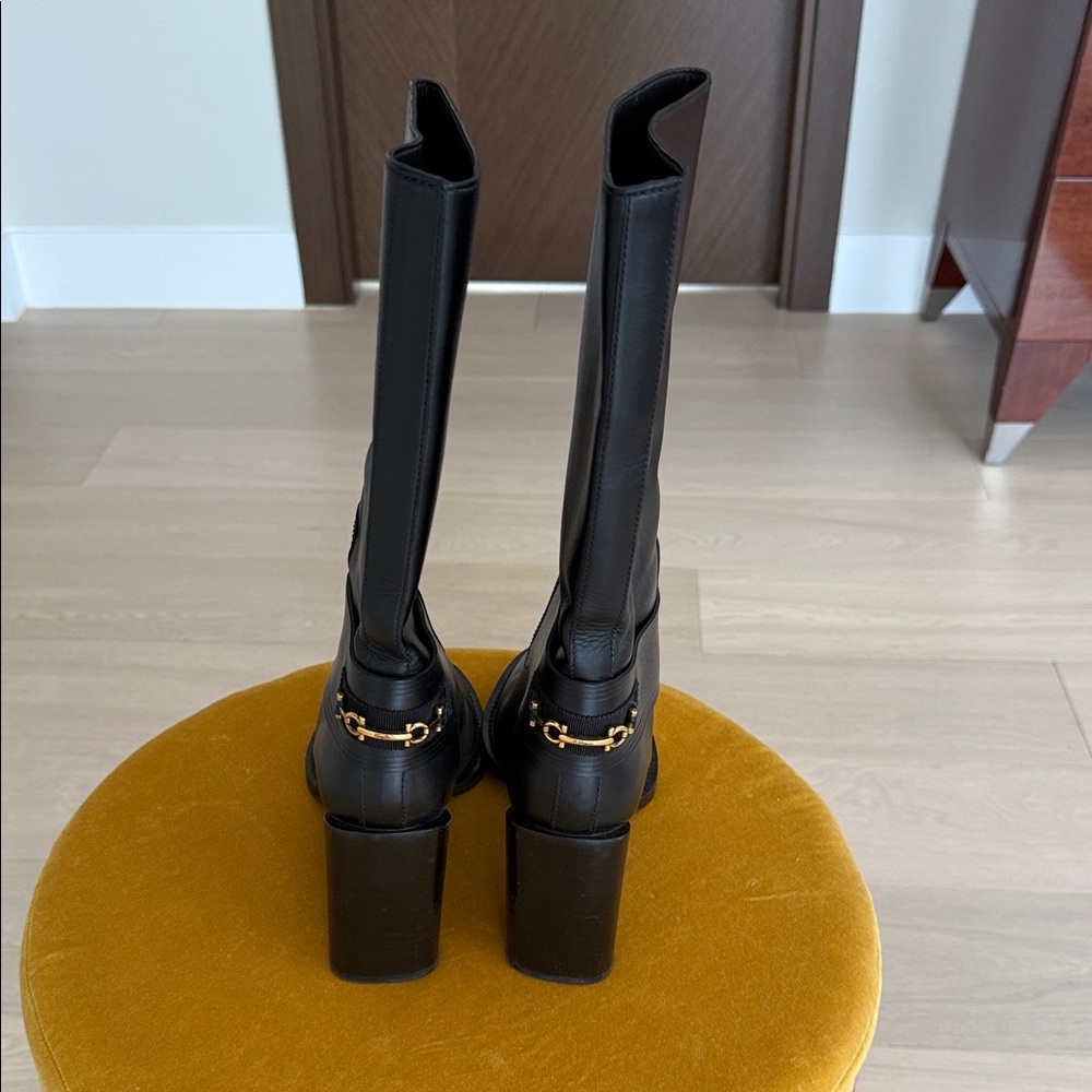 Salvatore Ferragamo Black Heeled Boots with Gold Accent